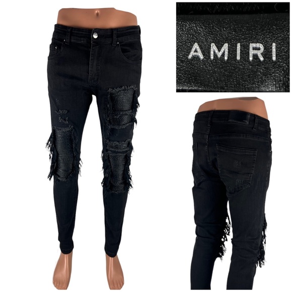AMIRI Other - Amiri Mens 30 X 31 Jeans Leather Patch Ripped Skinny Black Cotton Blend Stretch